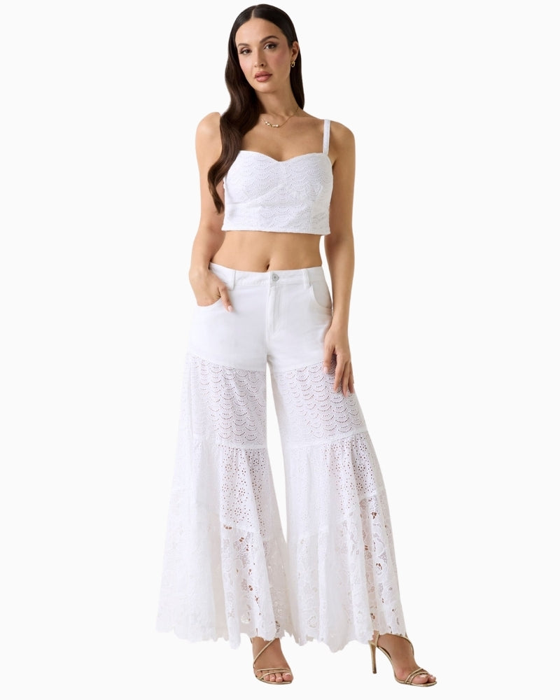 GUESS Eyelets Top in White full outfit model view