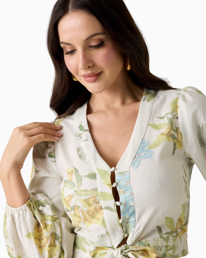 GUESS Linen-Blend Blouse in white and green detail of V neckline