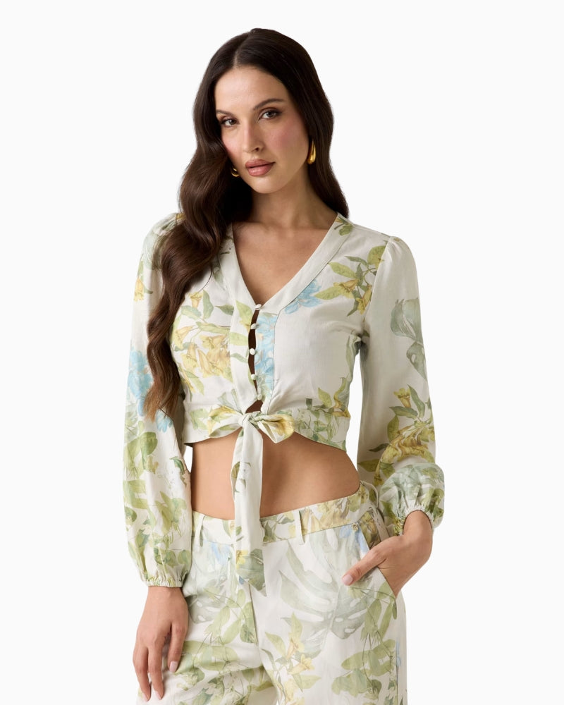 GUESS Linen-Blend Blouse in white and green front view