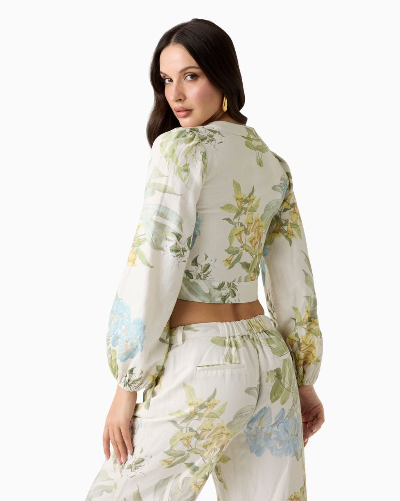 GUESS Linen-Blend Blouse in white and green sleeve detail