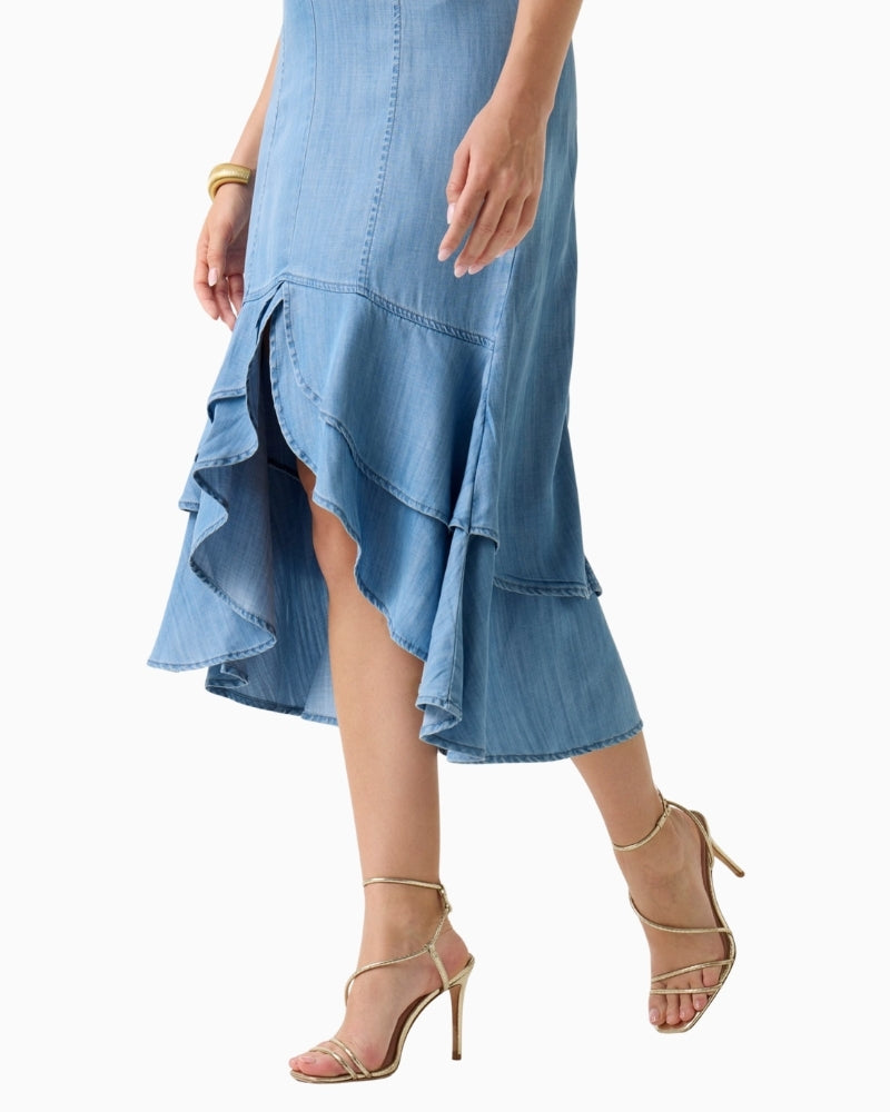 GUESS Marina Chambray Midi Dress in blue denim hem detail
