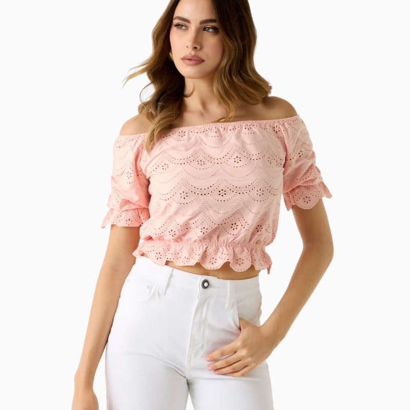 GUESS Off Shoulder Eyelets Top in peach front view