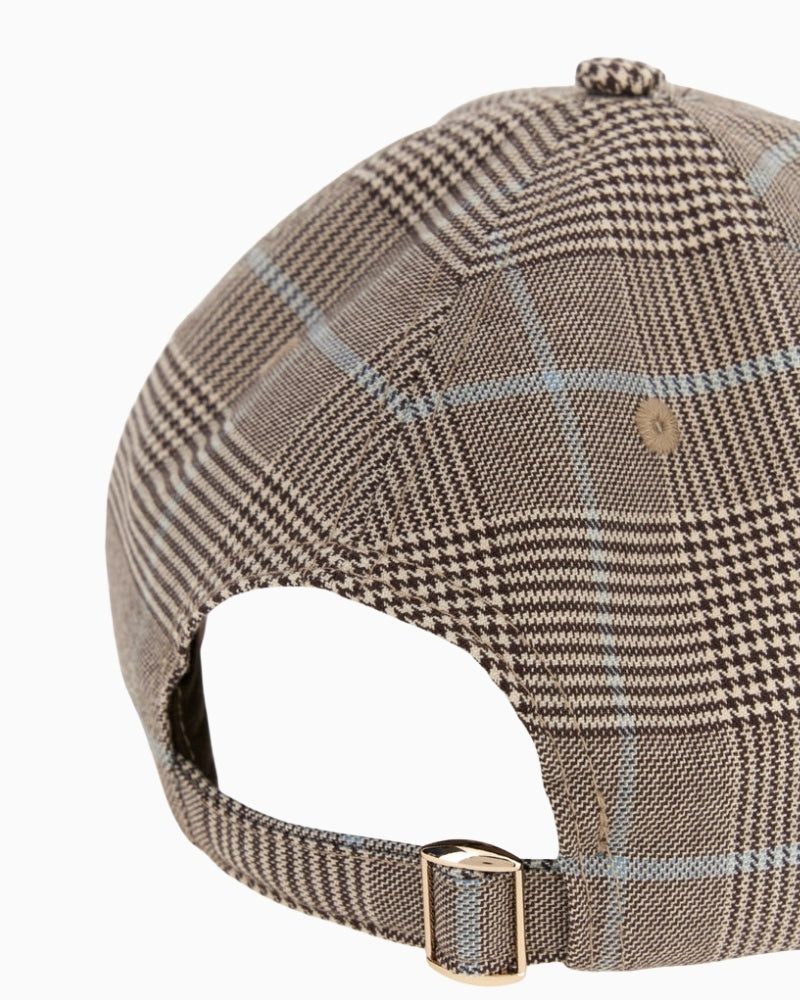 GUESS Wales Hat in checkered pattern back close up view with adjustable buckle