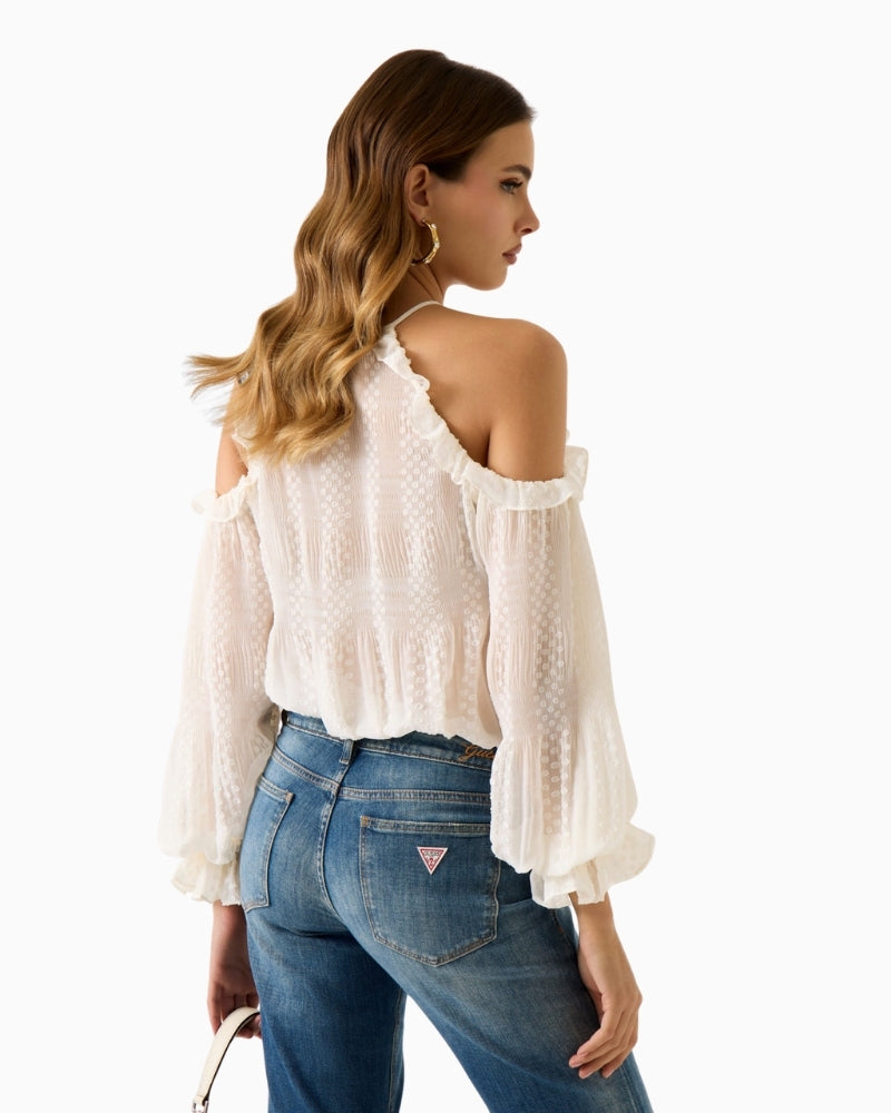 GUESS chiffon blouse white back view off shoulder design