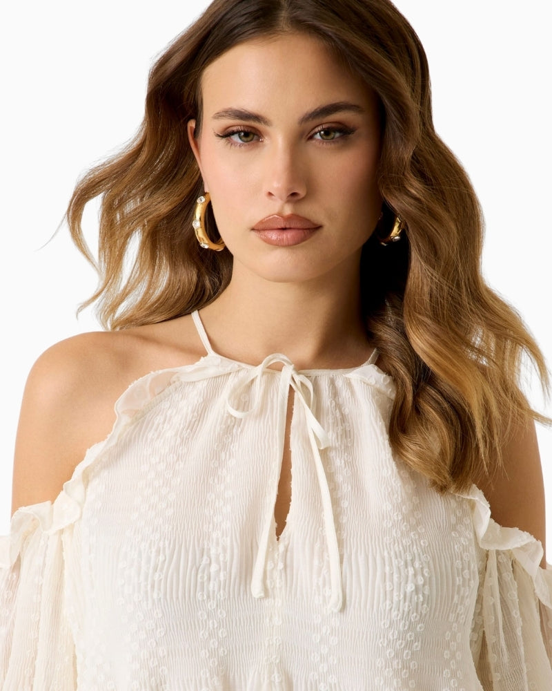 GUESS chiffon blouse white close up lace front neckline detail