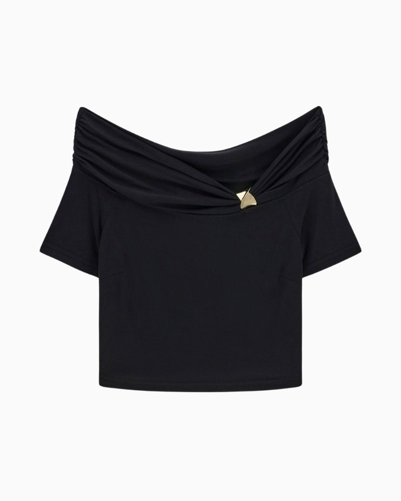 GUESS off shoulder draped knit top black product flat lay
