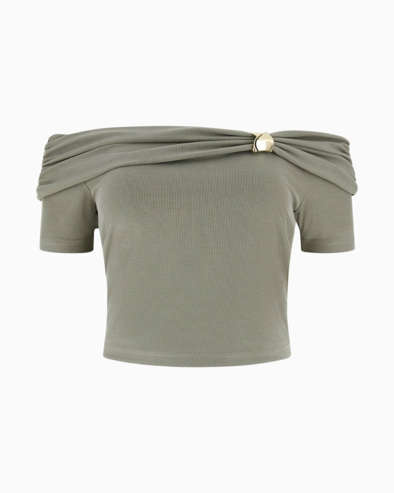 GUESS off shoulder draped knit top green product flat lay