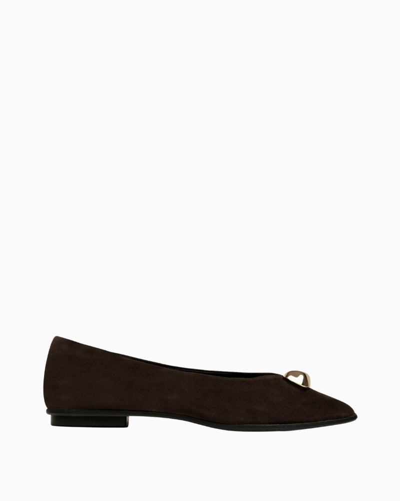 Gaimo Adea Ballerina Flat in chocolate brown suede side view