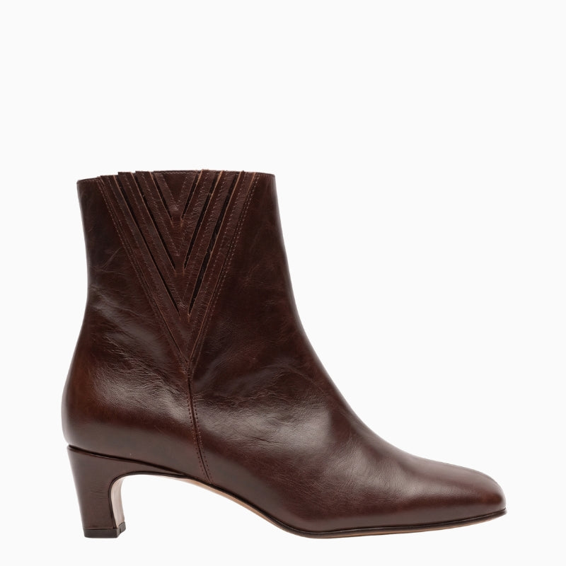 Gaimo Alessia Ankle Boot in brown side view with low block heel and V-shaped detailing