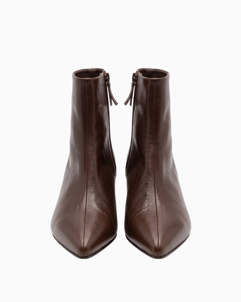 Gaimo Manolia Kitten Heel Ankle Boot in brown front view with pointed toe