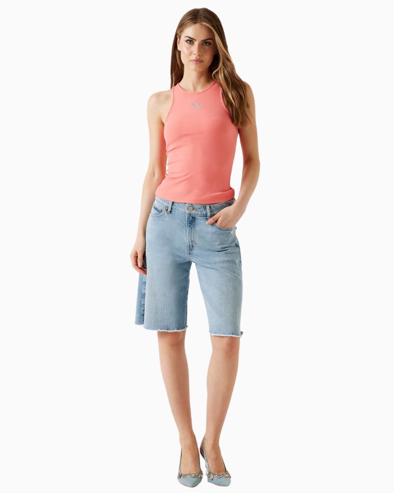 Full view of stretch tank top showing fitted shape and crew neckline