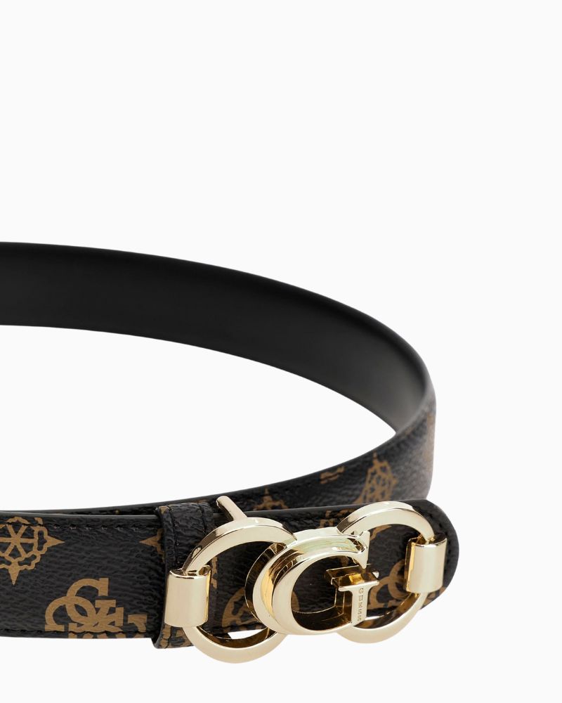 Close up view of Guess waist belt showing reversible design with peony logo detail