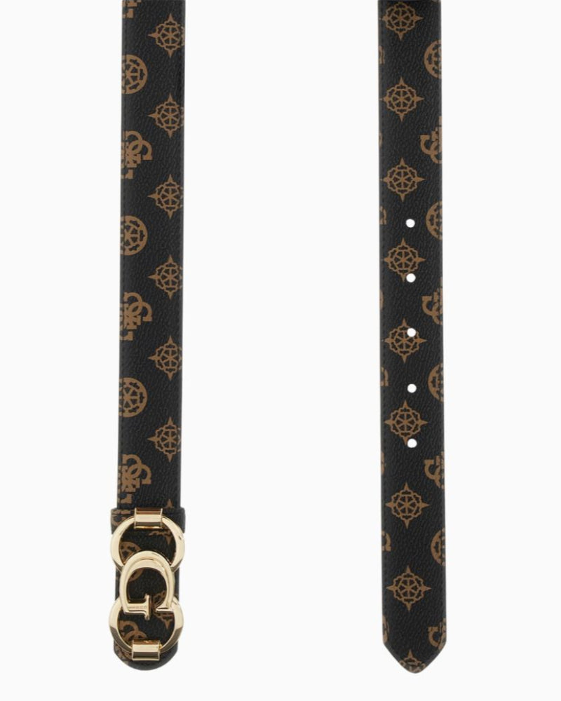 Front view of Guess waist belt showing reversible design with peony logo detail