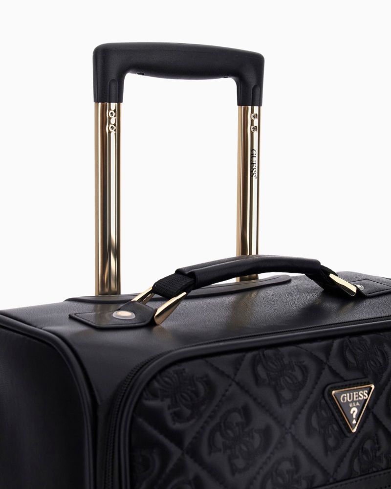 Close view of travel case with front zip pocket and metal triangle logo