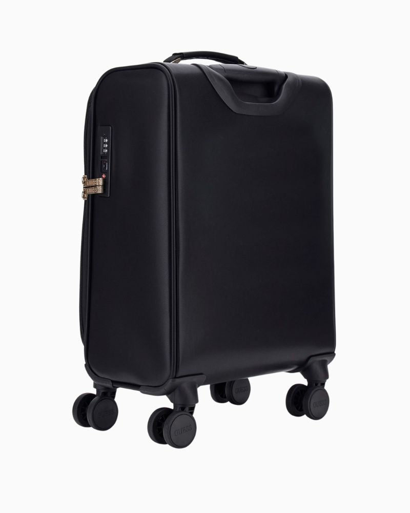 Side view of travel case with front zip pocket and metal triangle logo