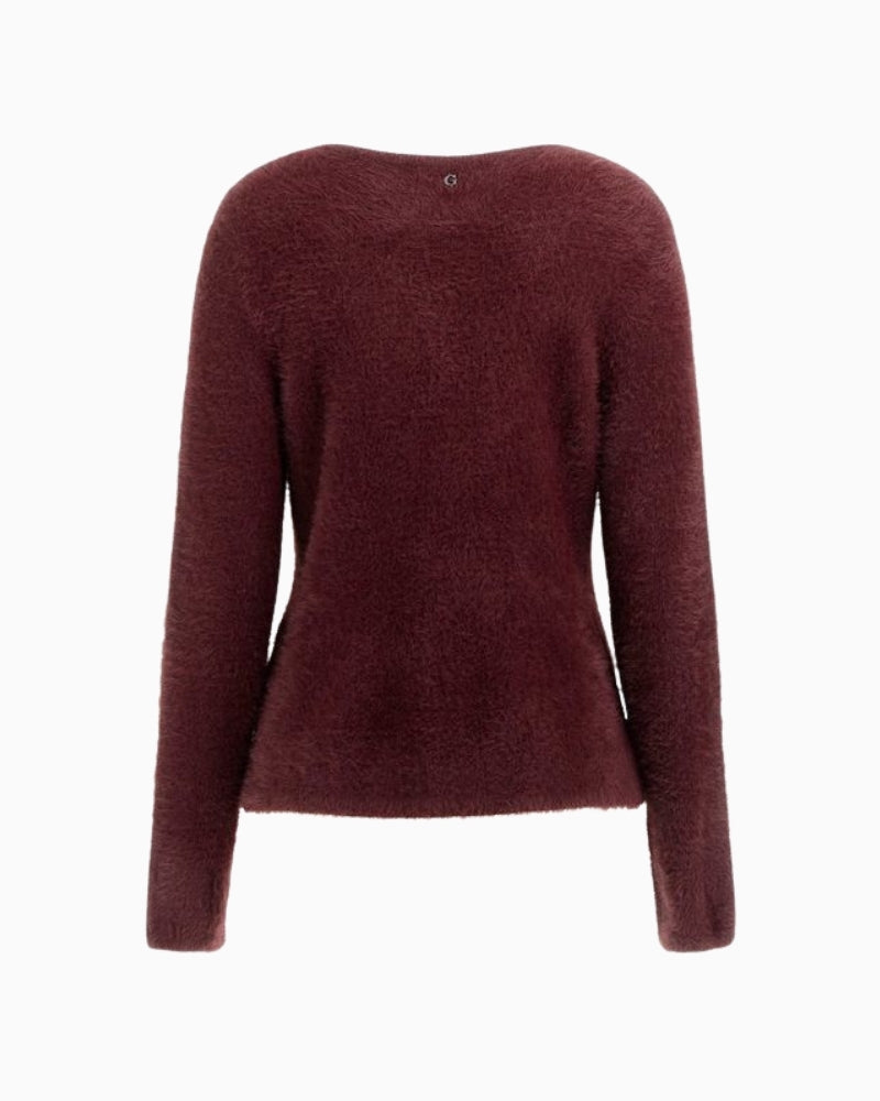 GUESS Akyra cardigan in bordeaux with crew neck and button closure
