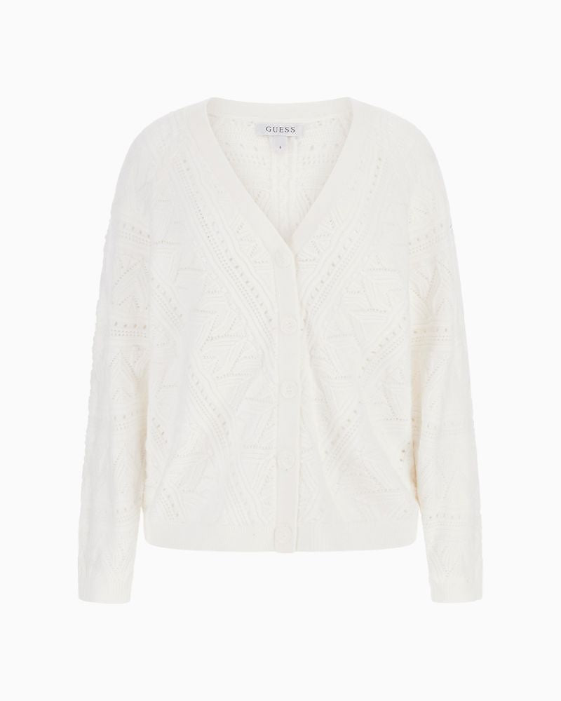 Guess Amelia white pointelle cardigan with long sleeves and crew neck