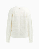 Back of Lightweight textured knit cardigan in soft white, styled for summer