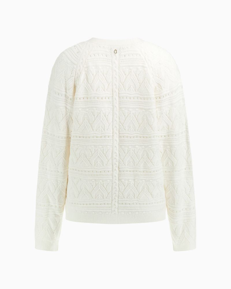 Back of Lightweight textured knit cardigan in soft white, styled for summer