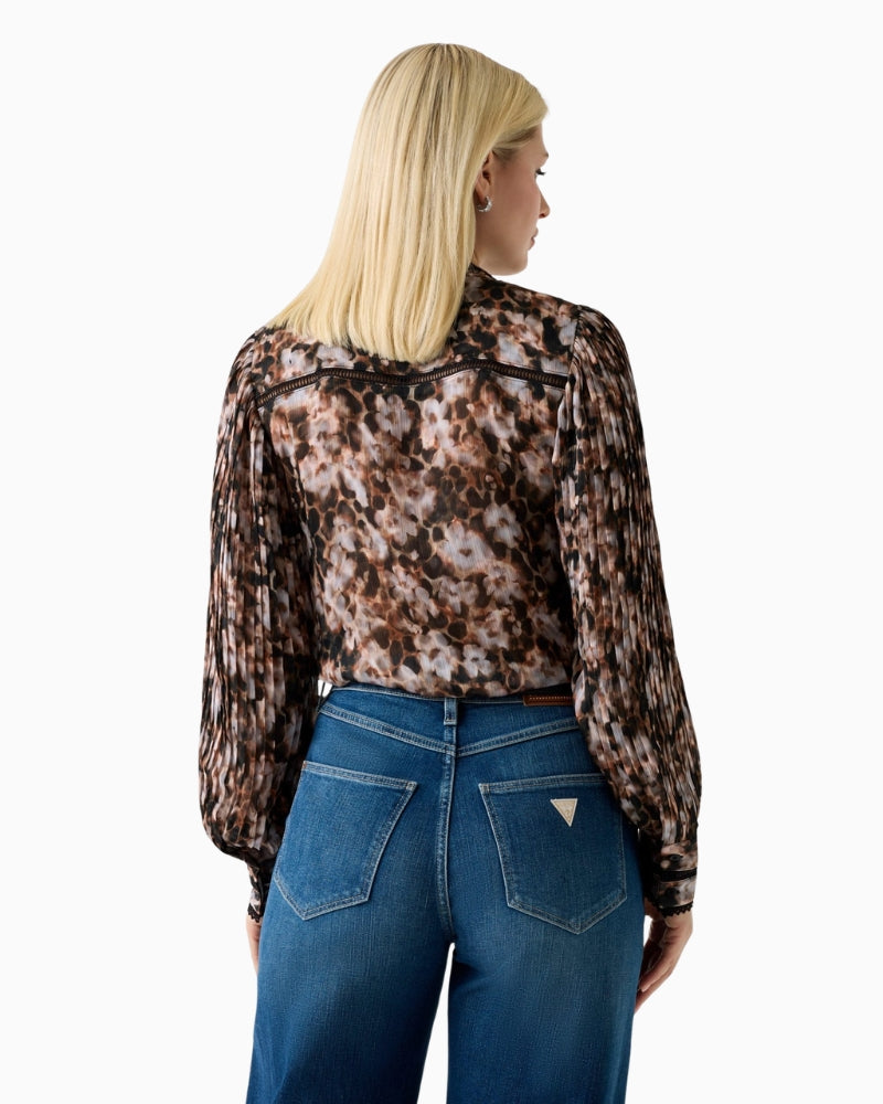 Guess animal print chiffon blouse brown back view – Áines Boutique