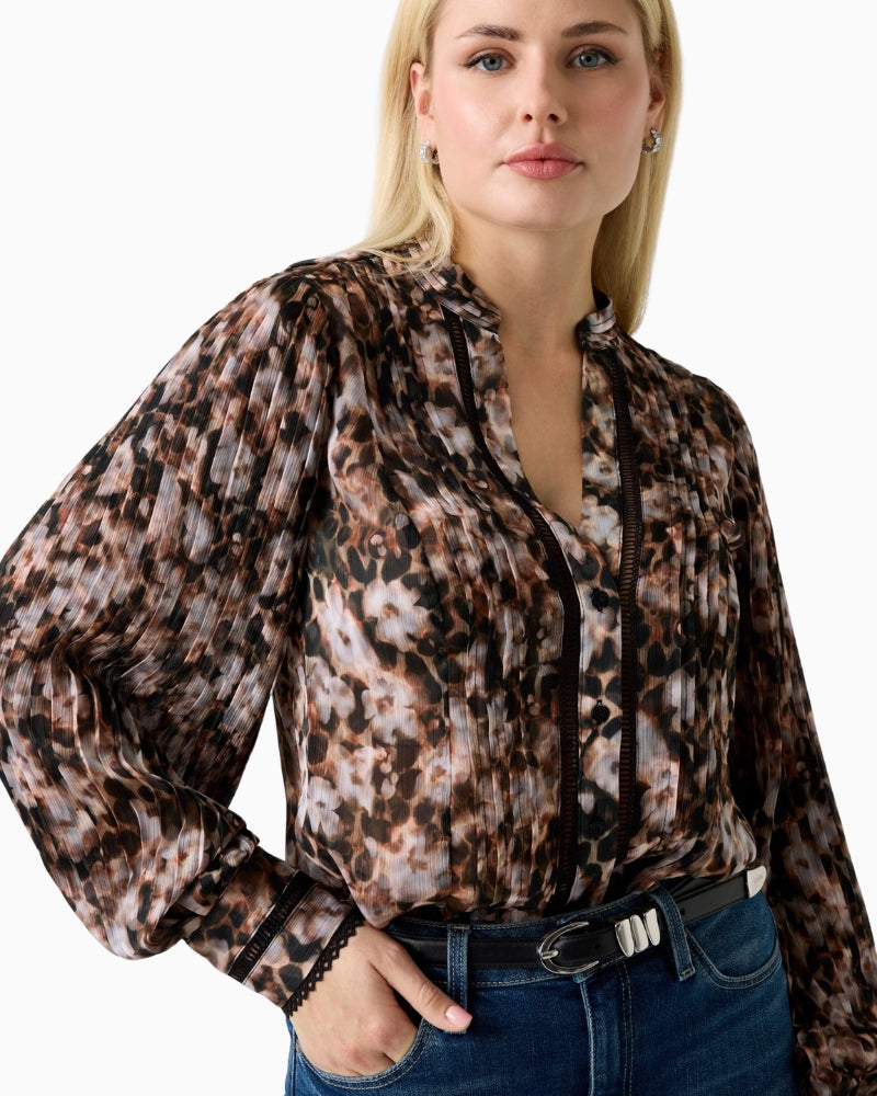 Guess animal print chiffon blouse brown V-neck detail – Áines Boutique
