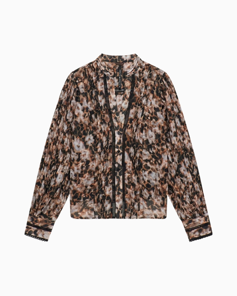 Guess animal print chiffon blouse brown front view white background – Áines Boutique