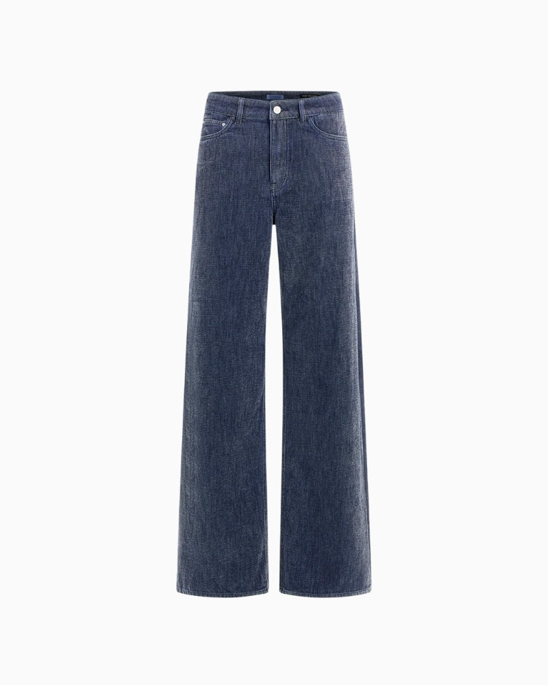 Front view of stretch denim wide‑leg jeans by Guess in dark wash