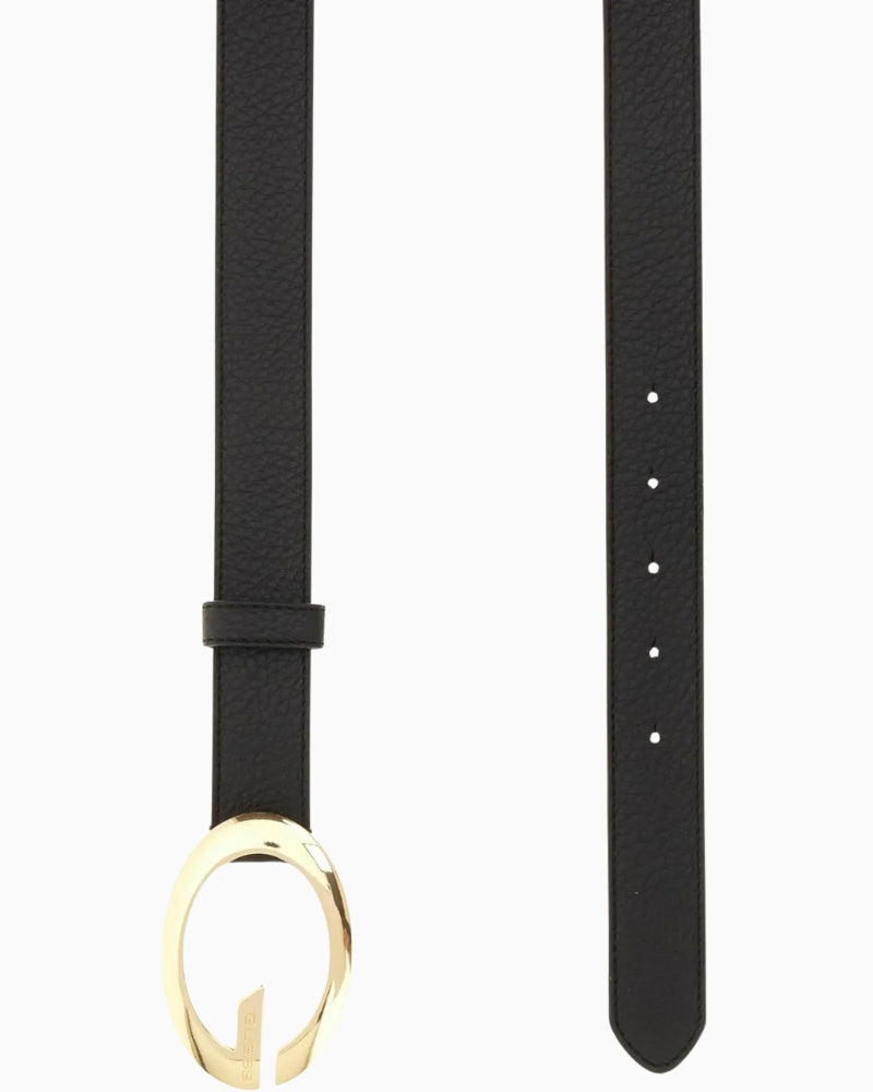 Front view of Guess belt showing shiny gold Guess logo fastening
