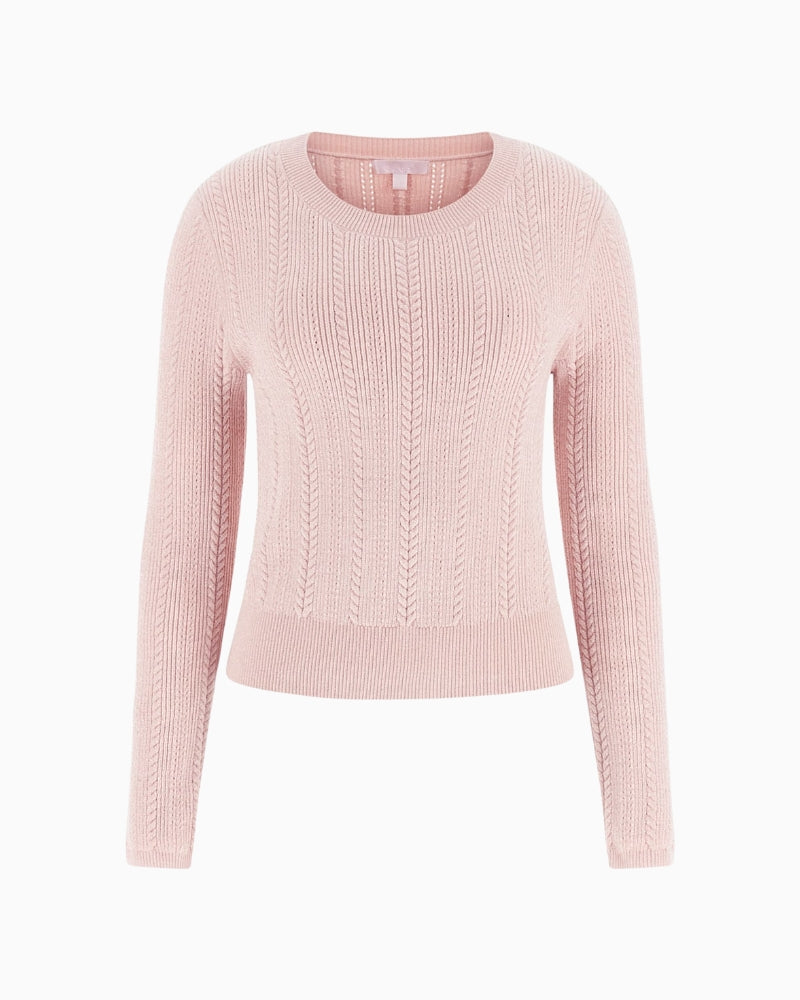 Front view of soft pink knit with crew neck and ribbed trim