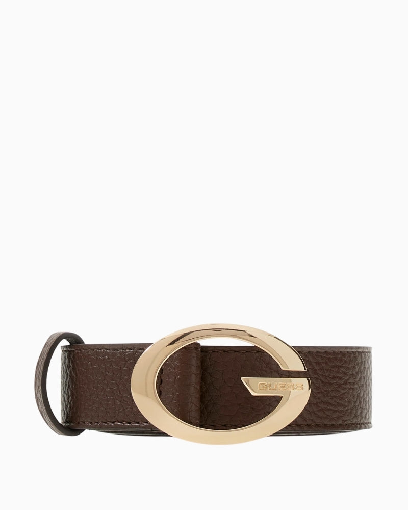 Brown faux‑leather Guess belt with pale gold logo buckle