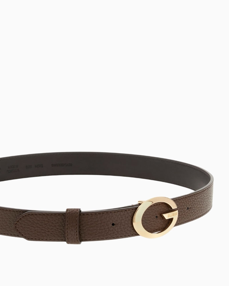 Close up of pale gold buckle and tongue fastening on brown belt