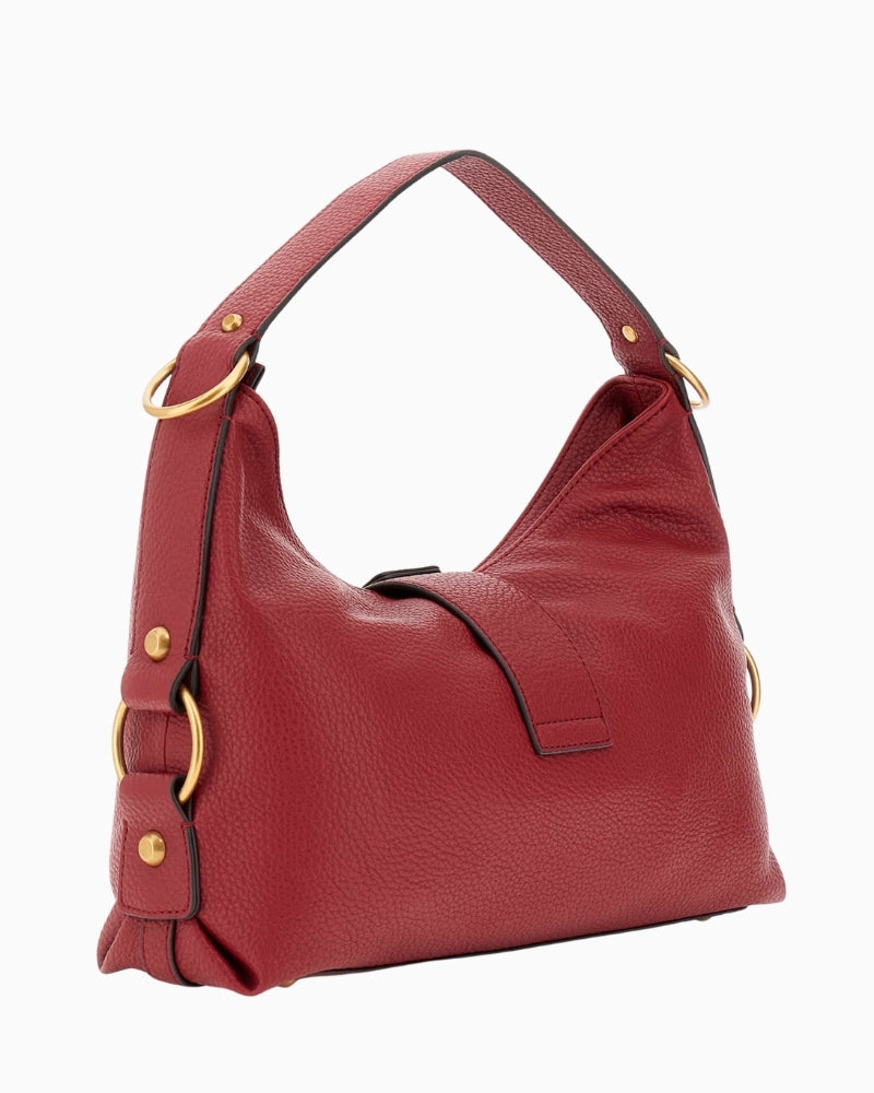Side view of Camden red shoulder bag showing structured design and handle