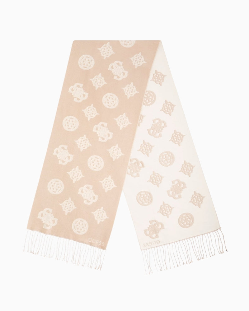 Folded Guess scarf showing shimmer, logo design, and soft drape