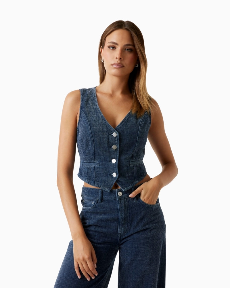 Blue cropped denim vest by Guess with fitted shape and front buttons