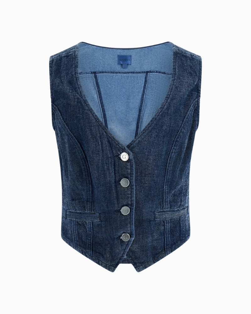 Blue cropped denim vest by Guess with fitted shape and front buttons