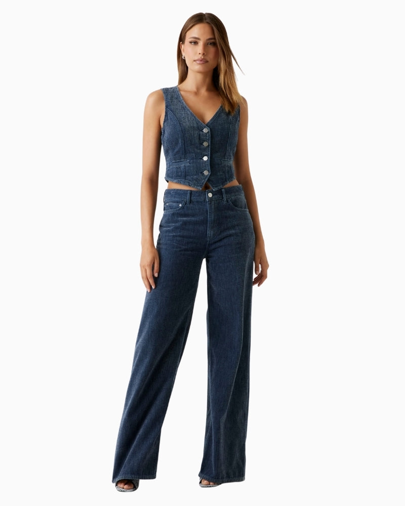 Blue cropped denim vest by Guess with fitted shape and front buttons