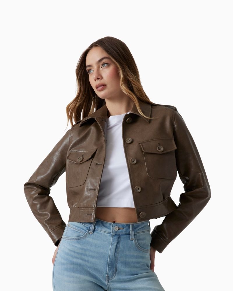 Guess cropped faux leather jacket in brown with collar and flap pockets