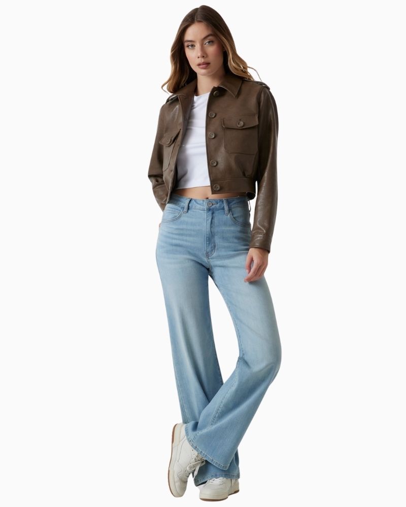 Faux leather brown jacket styled with high-rise jeans for everyday wear