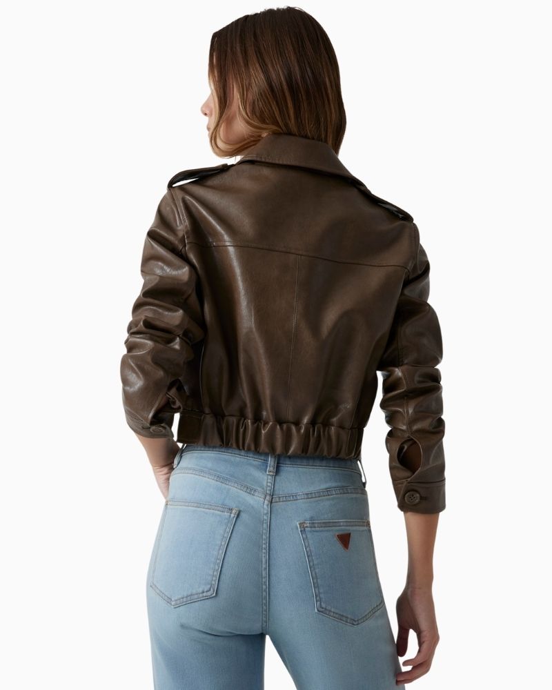 Back of Faux leather brown jacket styled with high-rise jeans for everyday wear
