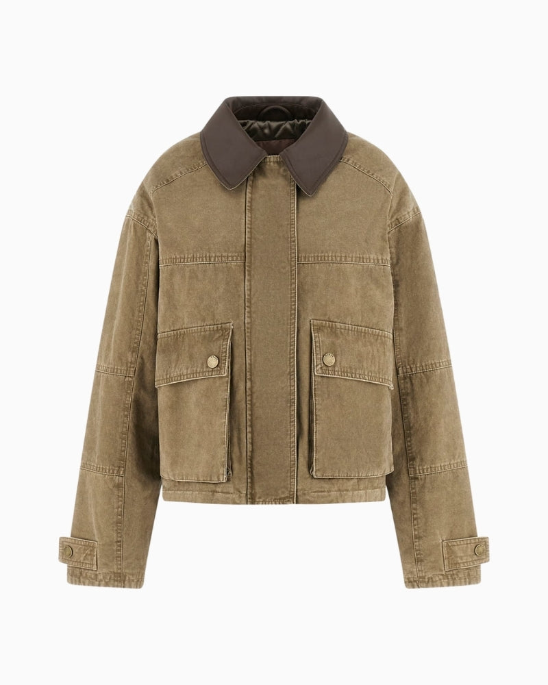 Guess cropped field jacket brown front view white background – Áines Boutique