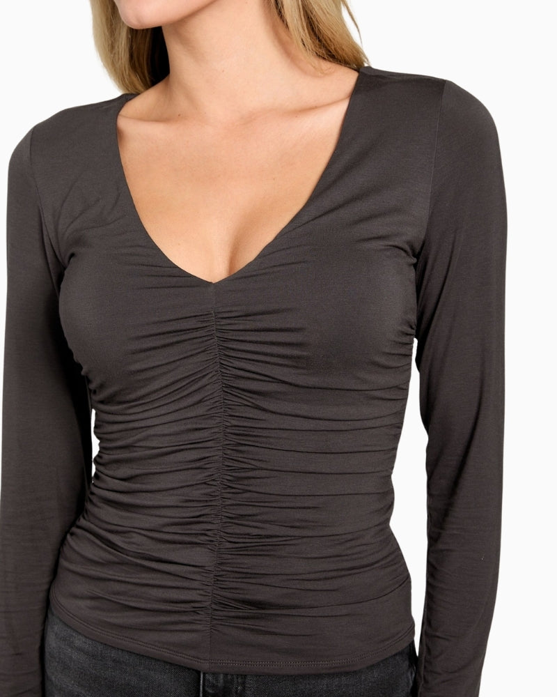 Close up view of slim-fit eco modal top with smooth stretch finish