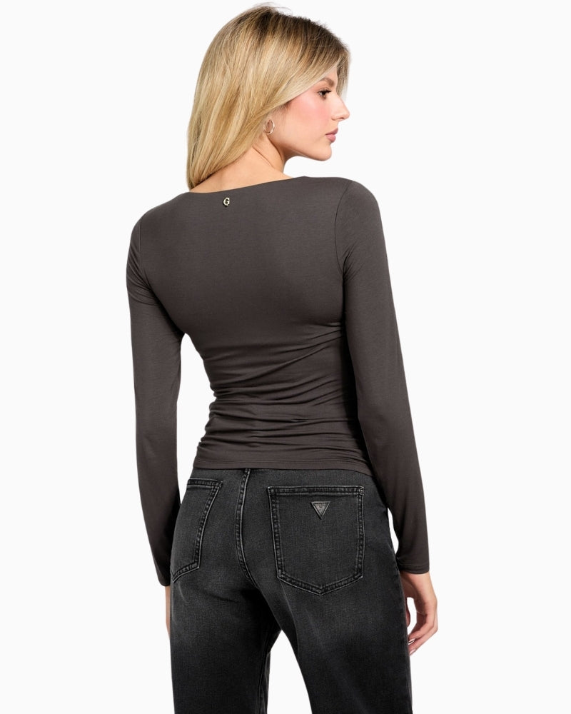Back of GUESS Ayleen top in soft slinky fabric, perfect for layering