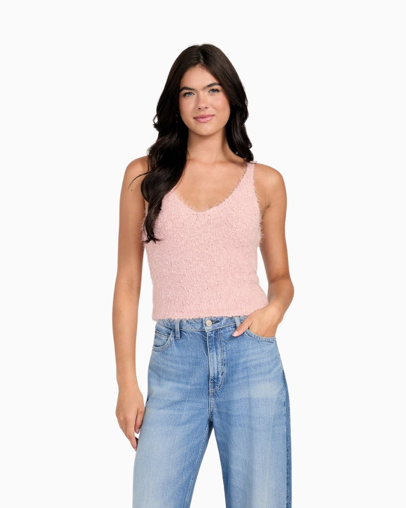 Front view of GUESS Eco Bea pink tank with V-neckline and soft boucle knit