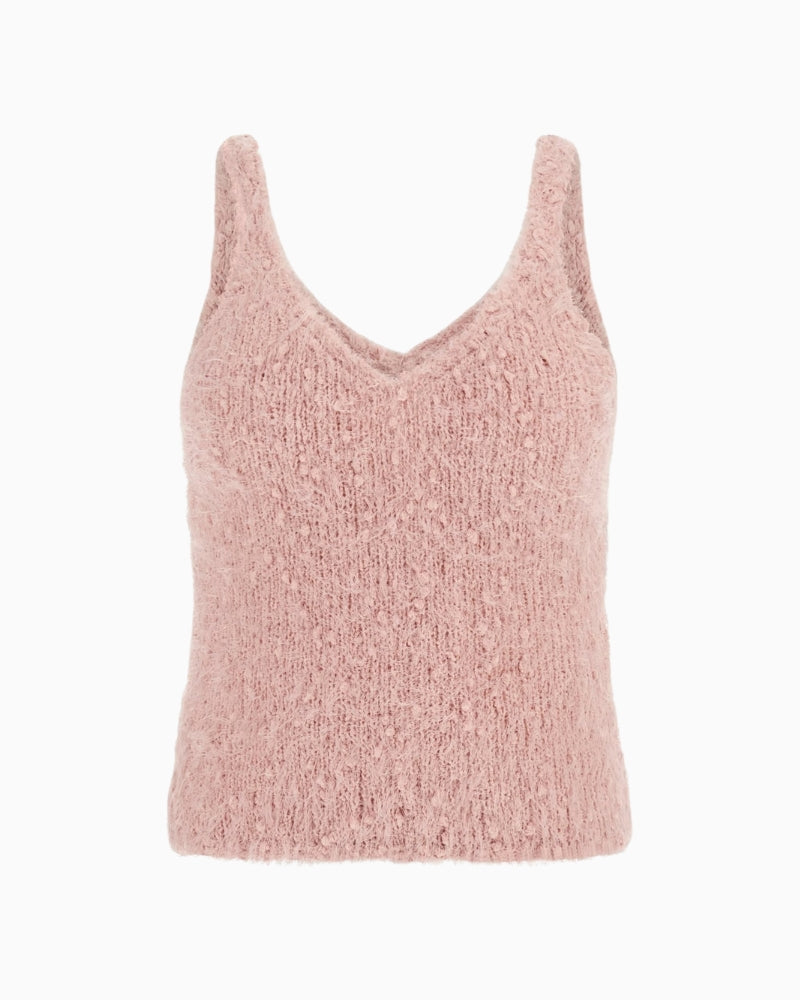 Front view of GUESS Eco Bea pink tank with V-neckline and soft boucle knit