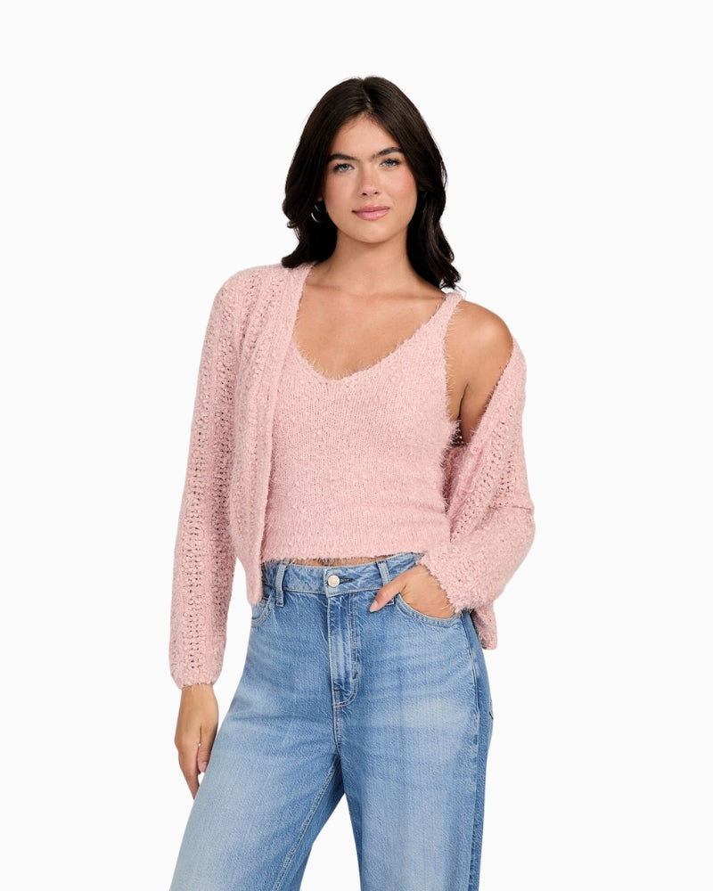 Front view of GUESS Eco Bea pink tank with V-neckline and soft boucle knit