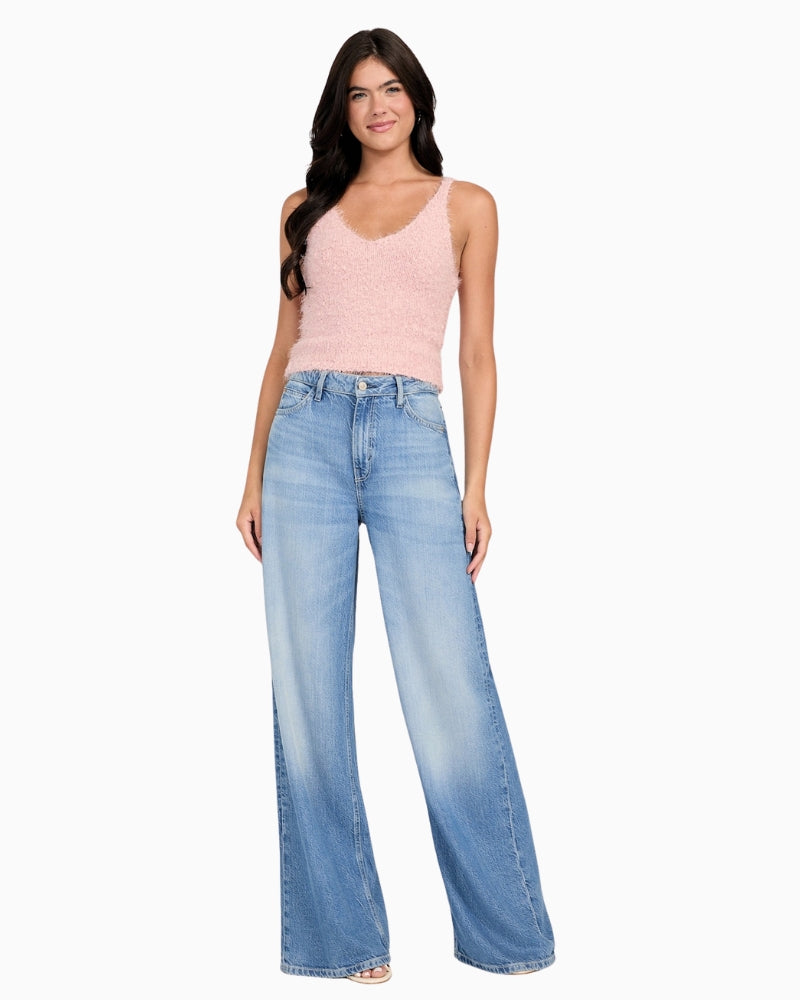 Front view of GUESS Eco Bea pink tank with V-neckline and soft boucle knit