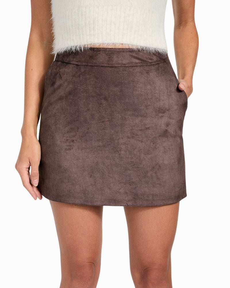 Front view of brown faux suede mini skirt length approx 14 inches