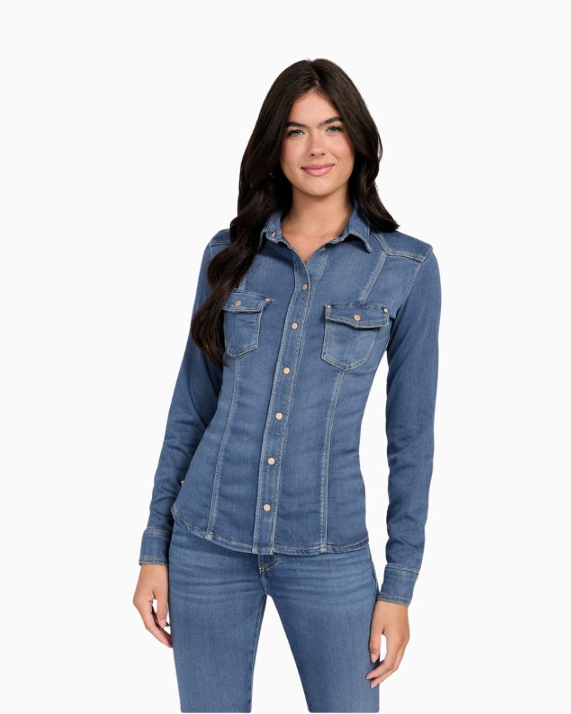 Blue eco-friendly denim shirt by GUESS with button pockets and collar