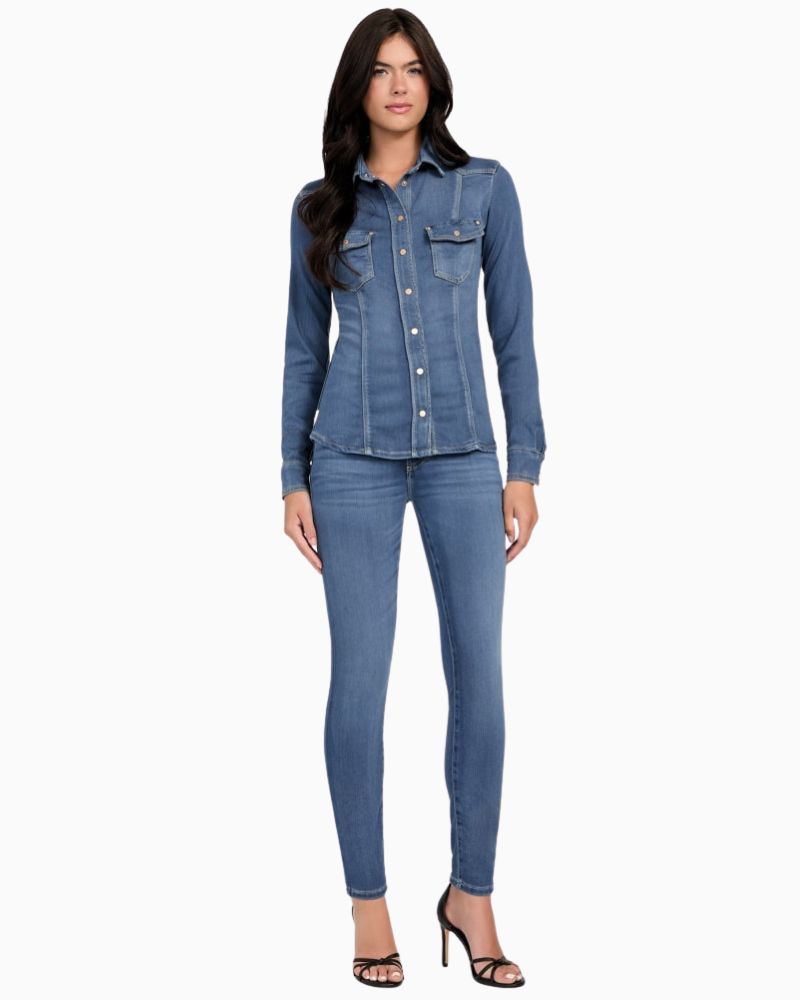 Blue eco-friendly denim shirt by GUESS with button pockets and collar