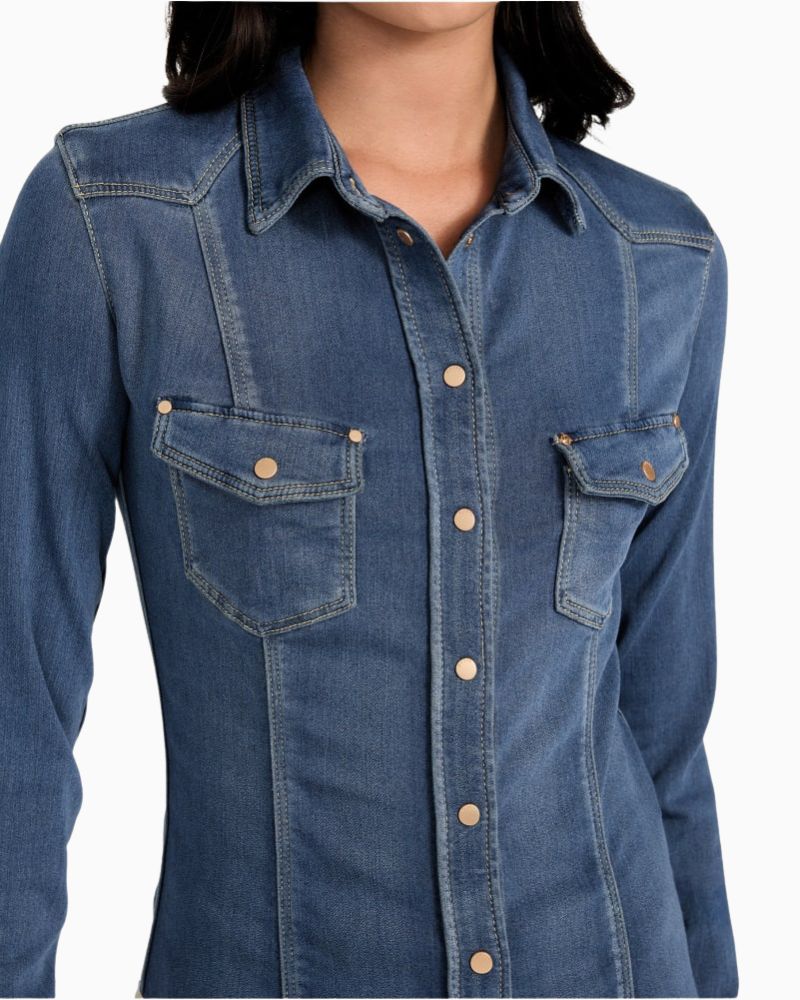 Close up of Blue eco-friendly denim shirt by GUESS with button pockets and collar